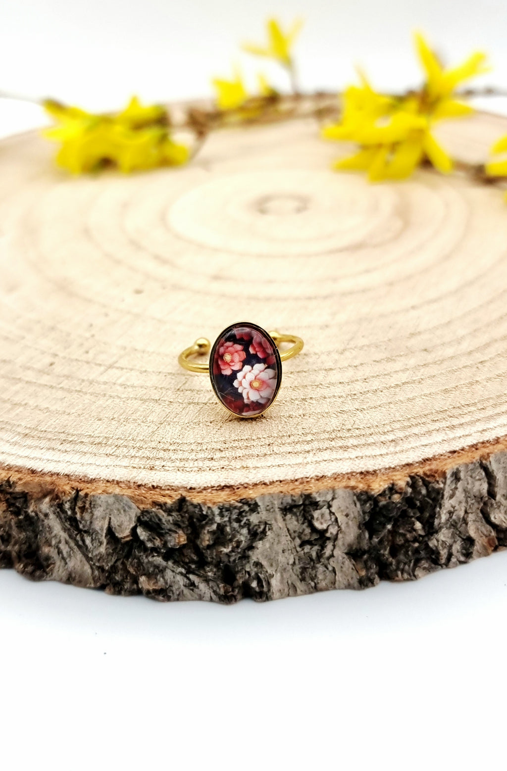 Ring "Blütenmoment - Blütenfeld" verstellbarer Edelstahlring mit floralem Cabochon